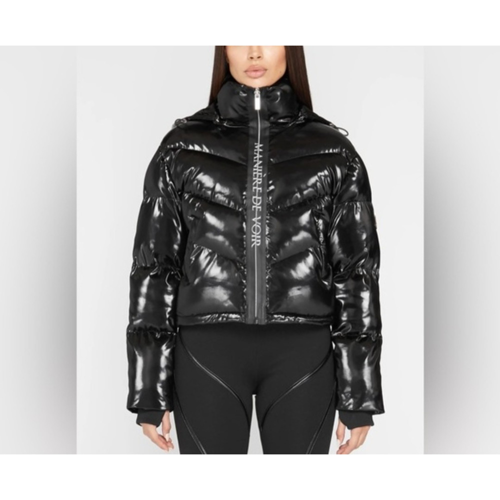 MANIERE DE VOIR Black Puffer Women Jacket Removable Hood & Fur High Shine Size 6